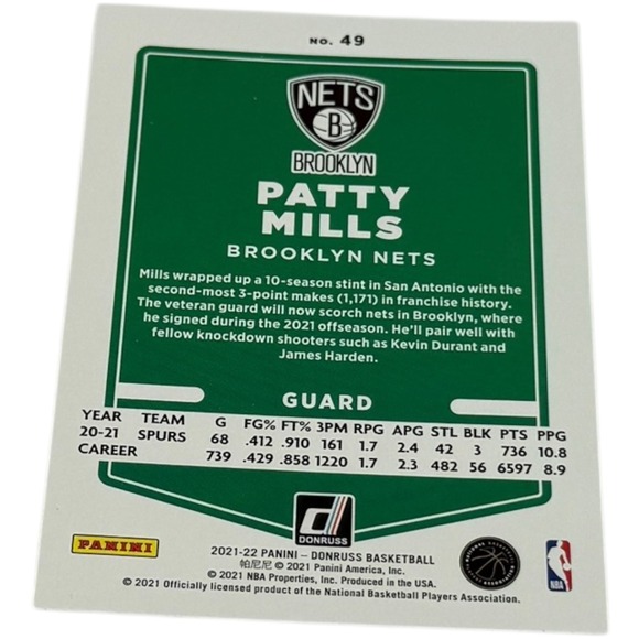 2021 22 Panini Donruss Basketball Card Patty Mills Brooklyn Nets - Picture 2 of 2